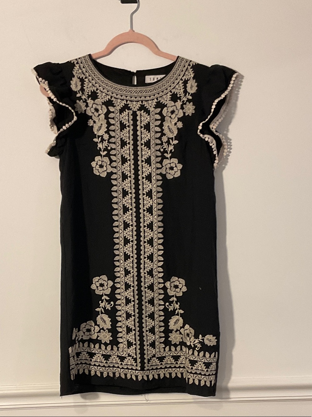 THML Black Midi Dress with Cream Floral Embroidery and Flutter Sleeves